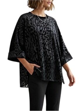 Adrienne Black Velvet Satin Leopard Burnout Oversized Boxy Top USA NWT Large